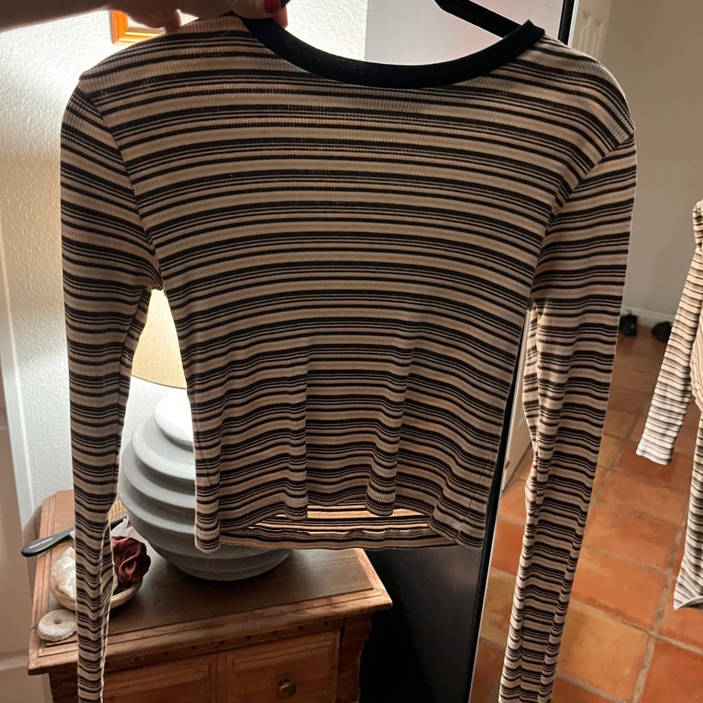 Brandy Melville Black and Cream Striped Long Sleeve Tee